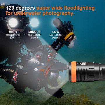 OrcaTorch D910V Scuba Diving Video Light 5000-Lumen Underwater Photography Flashlight with 120 Degree Wide Angle Beam